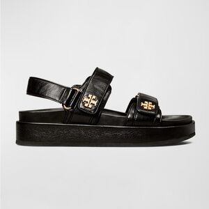 Tory Burch Black Leather Platform Slingback Sandals with Gold Logo